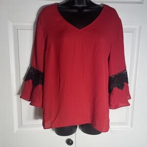 BCX Shirt Women Medium Red Black Lace Details Bell Sleeve Whimsigoth Blouse Top